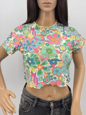 Vintage 70s Hippie Boho Psychedelic Festival Flower Power Cropped Baby Tee
